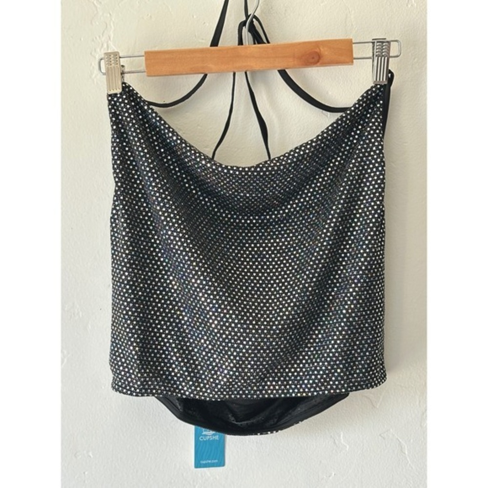 Cupshe Womens Black Iridescent Rhinestone Cowl Neck Halter Crop Top Size Large